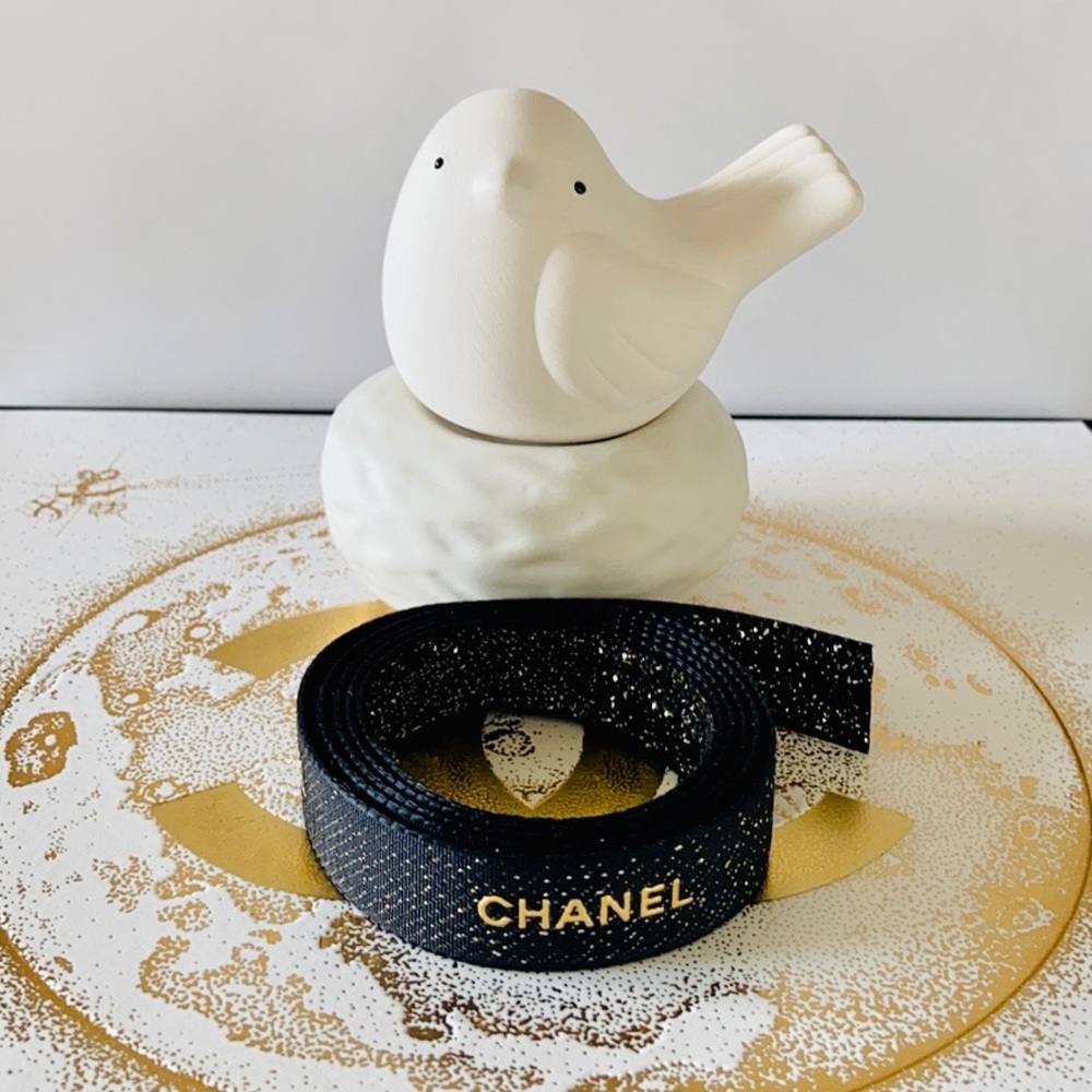 CHANEL Authentic Black with Gold Lettering Ribbon